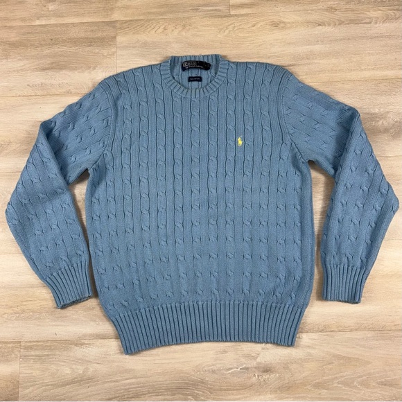 Polo Ralph Lauren Cable Knit Sweater Pullover Pony Light Blue Men’s Size Large - Picture 2 of 6